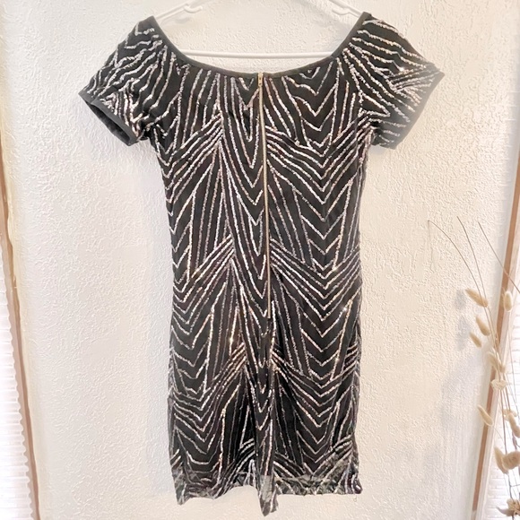 Iris // Sequined Off Shoulder Bodycon Mini Dress in Slate Black - Picture 4 of 5